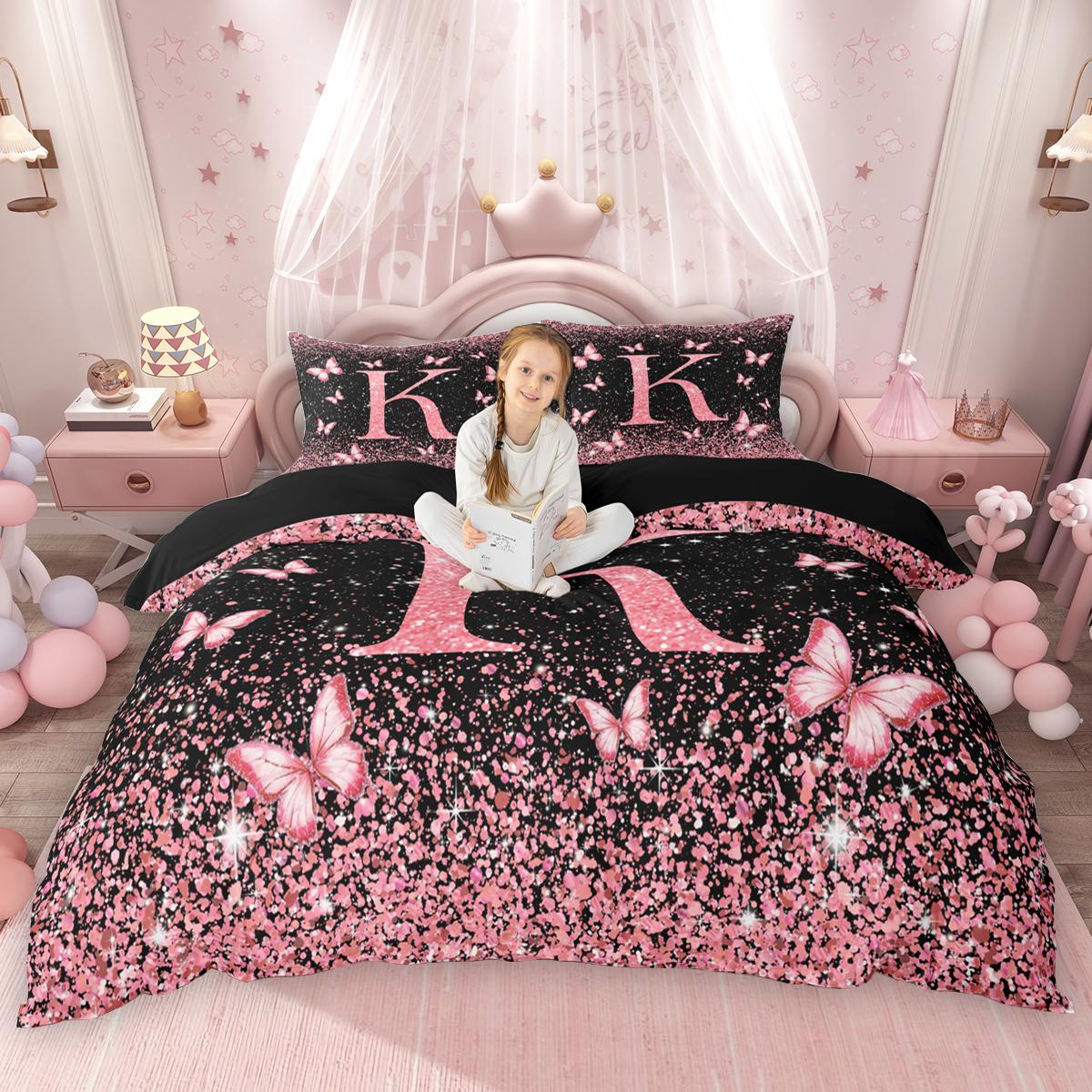 

Comforter Homewish Initial Monogrammed Black Pink Comforter Set For Girls Butterfly Glitter Print Bed Set Comforter (quilt)-EU Single(135*200cm)3pcs