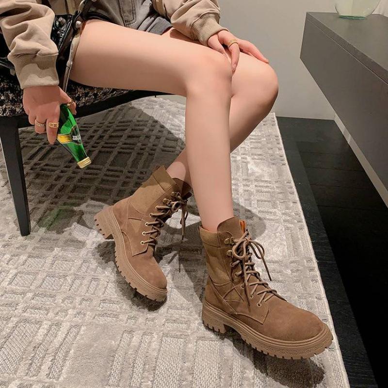 New women's leather boots leather lace-up thick-soled non-slip low boots autumn and winter mid-heel square heel cowhide Martin boots women