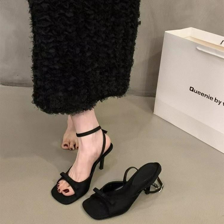 New square toe ankle strap silver satin bow high heel cool slippers thin heel open-toed women's sandals