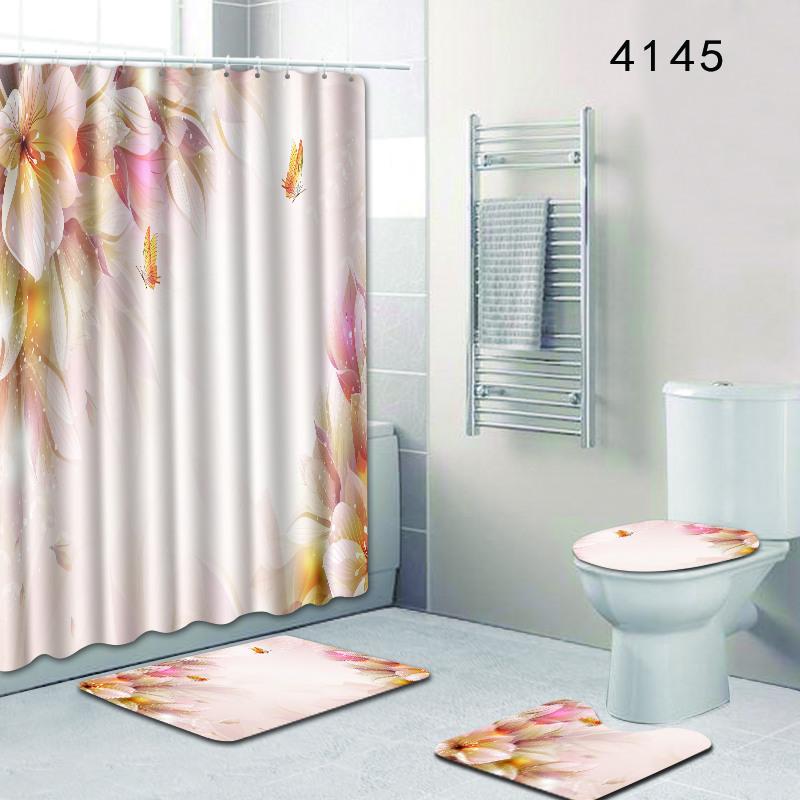Dream Flower Bathroom Shower Curtain Floor Mat Toilet Cover Foot Mat Four-Piece Set