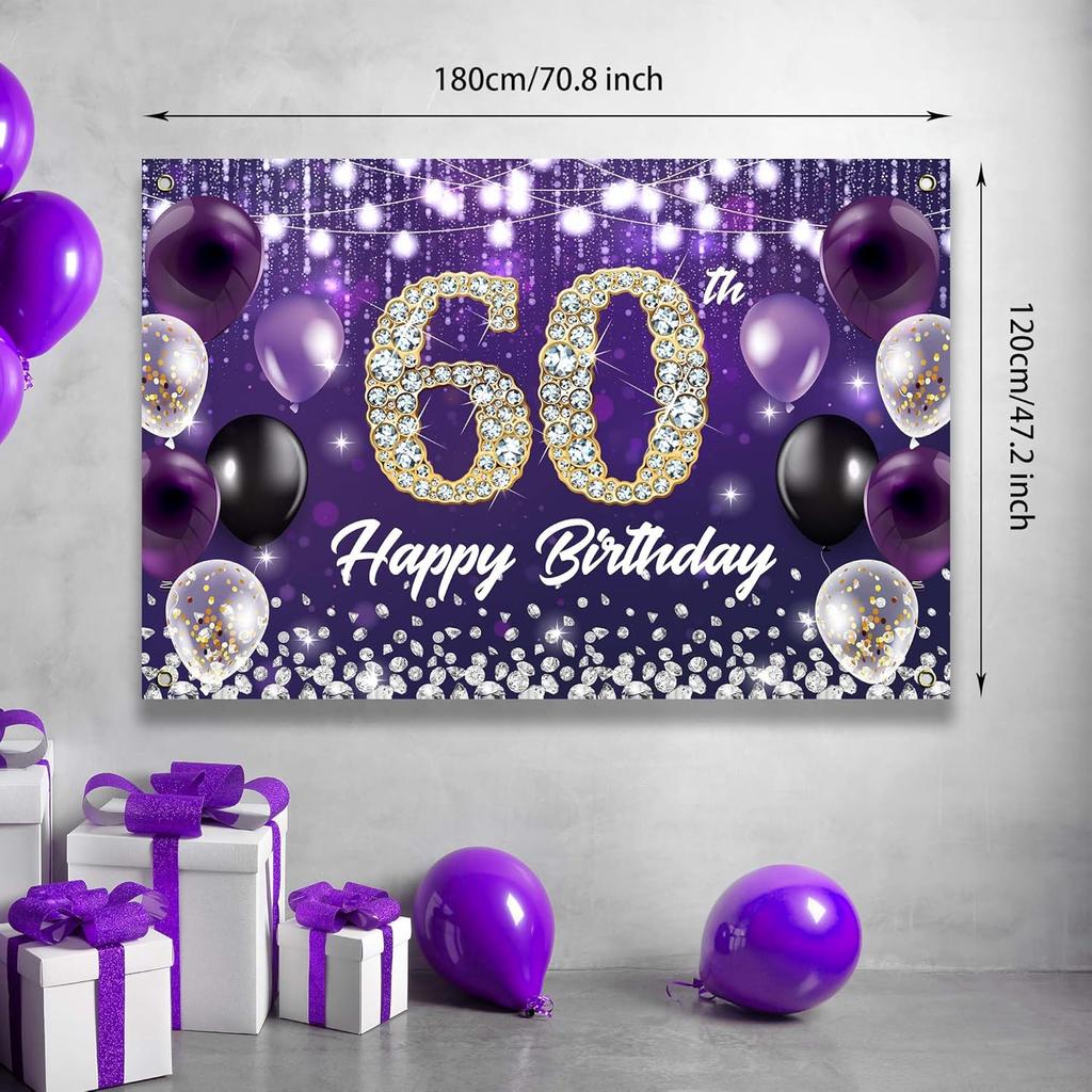 Happy 60th Birthday Backdrop Banner Purple Theme Background with Shiny Diamond Noble Elegant Birthday Party Photo Photography Prop Booth Background