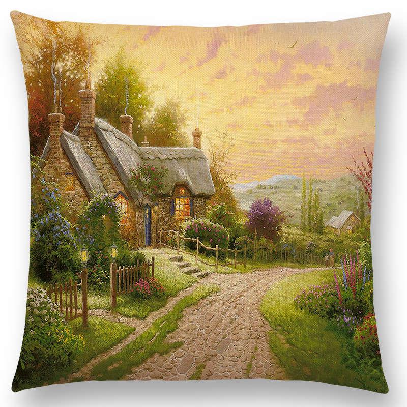 Home Decor Rustic Oil Painting Cushion Cover Beautiful Landscape Castle Lighthouse Sofa Pillow  Bedroom