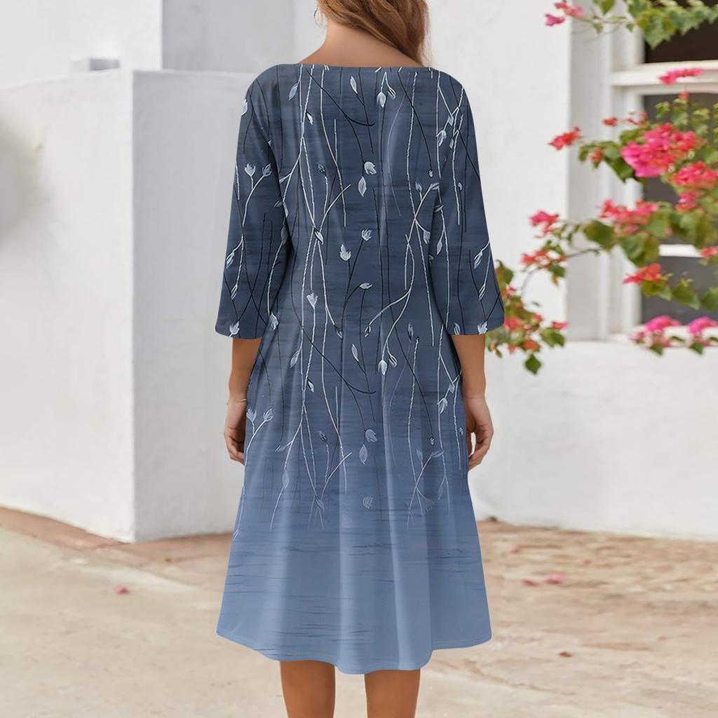 Women's Casual Fashion V Neck Three Quarter Sleeve Print Midi Dress