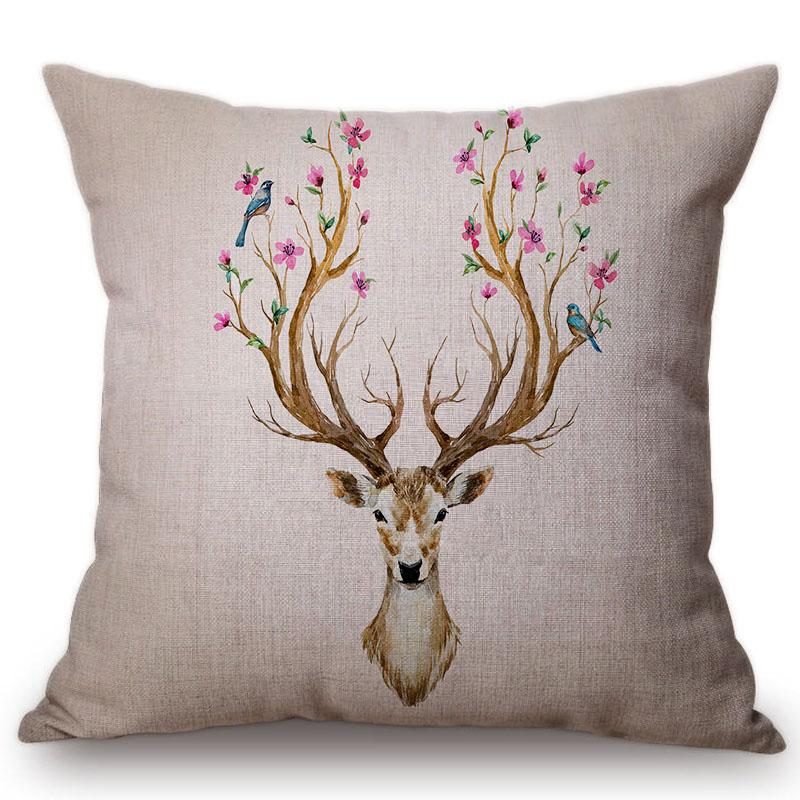 Spring European Nordic Floral Deer Bird Home Decorative Pillow Case Office Decoration Cotton Linen Sofa Chair Cushion Cover