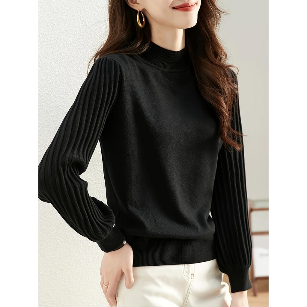 Základní tričko s polovičním vysokým límcem, lehce luxusní a stylové, zeštíhlující na podzim a zimu, všestranné, ležérní, žebrovaný proužek, pulovr s dlouhým rukávem