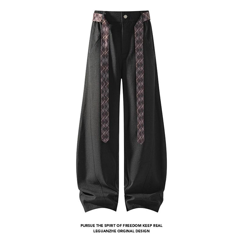 Vintage Contrast Color Plaid Belt Curved Wide Leg Loose Casual Pants For Men