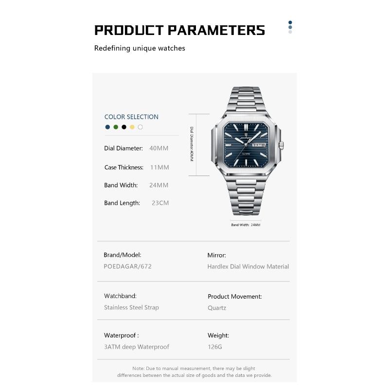 POEDAGAR Luxury Square Fashion Man Wristwatch Waterproof Luminous Date Week Quartz Watches Stainless Steel Watch