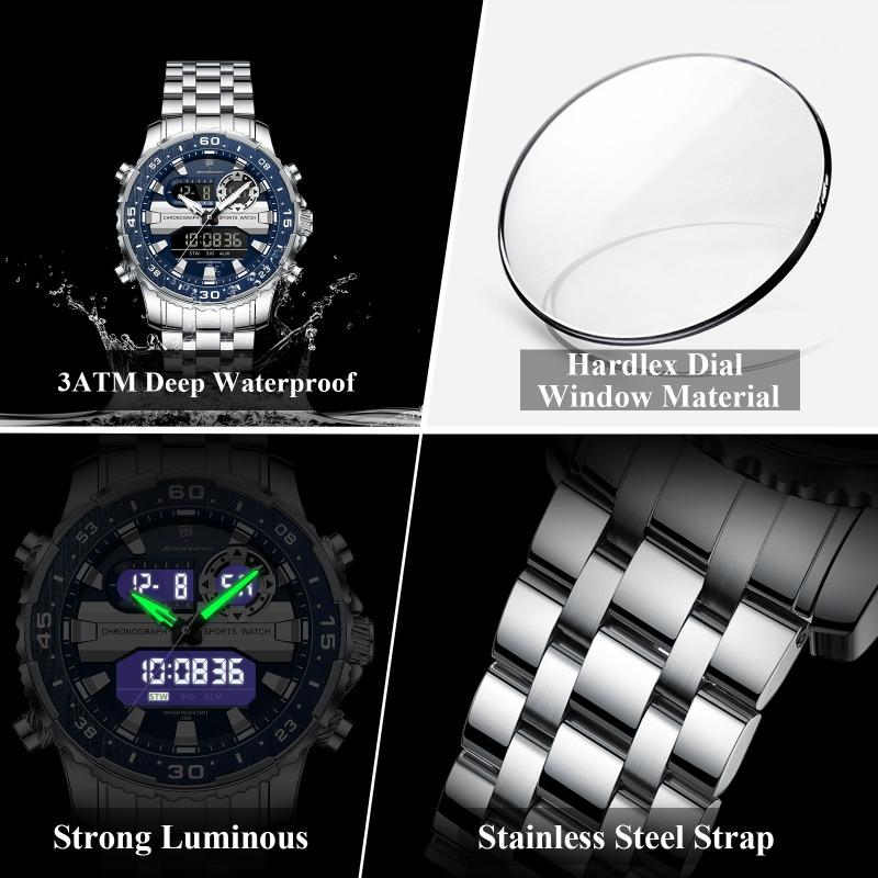 POEDAGAR Electronic Fashion Man Wristwatch Week Date LED Luminous Men Watch Dual Time Display Digital Quartz Watches