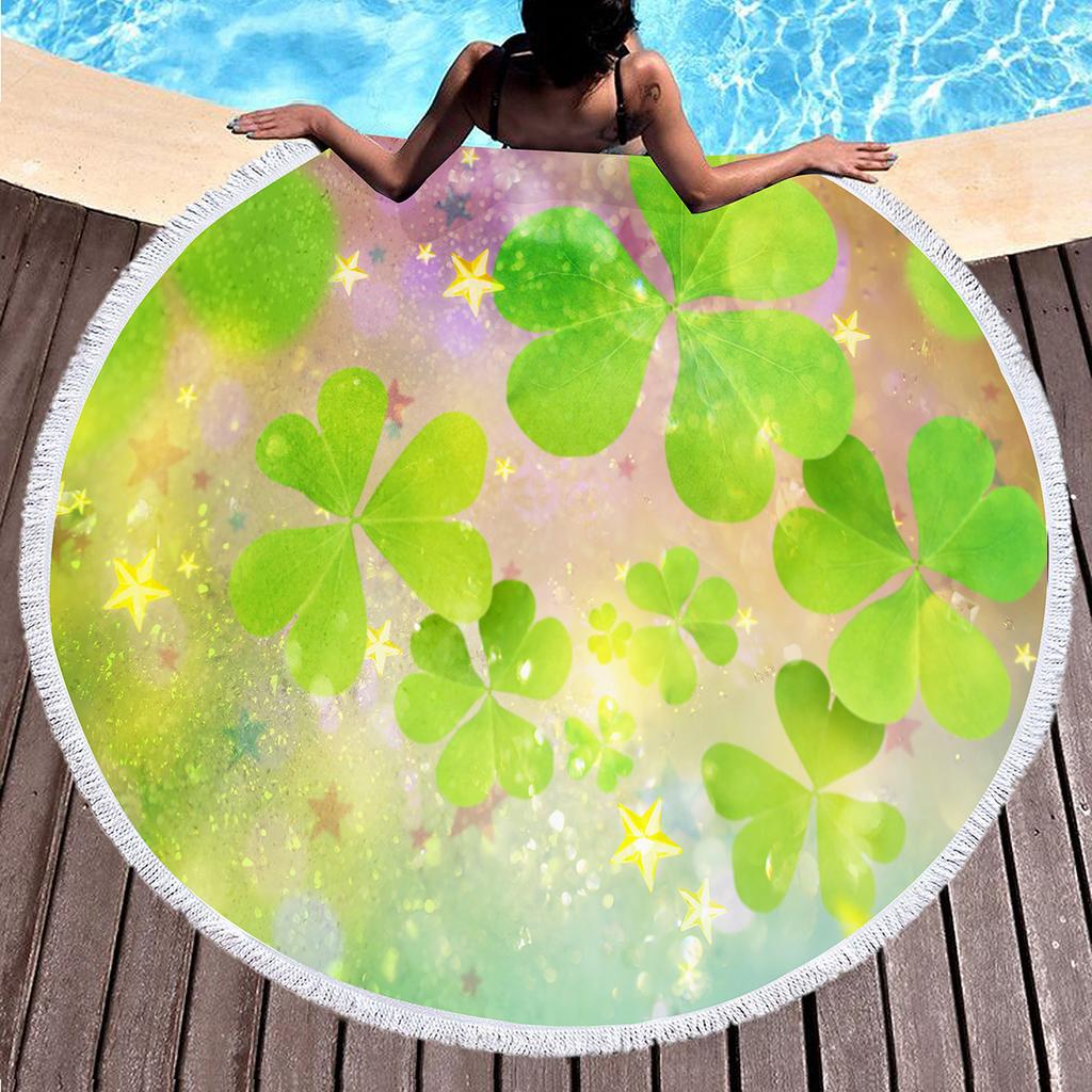 Lucky Clover Round Beach Towels,Soft Lightweight Sand Free Happy St. Patrick's Day Beach Blanket,Spring Botanical Leaves Towel