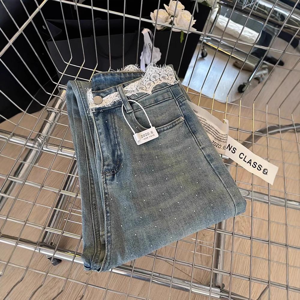 

Женские джинсы с широкими штанинами и кружевной талией, в корейском стиле, больших размеров, коллекция весна 2025, прямые брюки свободного кроя. M [Premium] синий