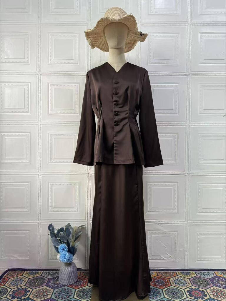 2025 Spring Elegant Retro Women's Solid Color Long Sleeve Top and Skirt Set