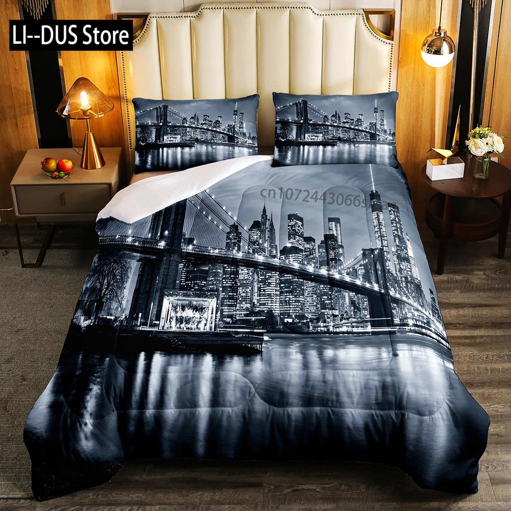 New York Duvet Cover Set, Skyline Print Decorative 3 Piece Bedding Set with 2 Pillow Shams, Twin Full Queen King Size Room Decor