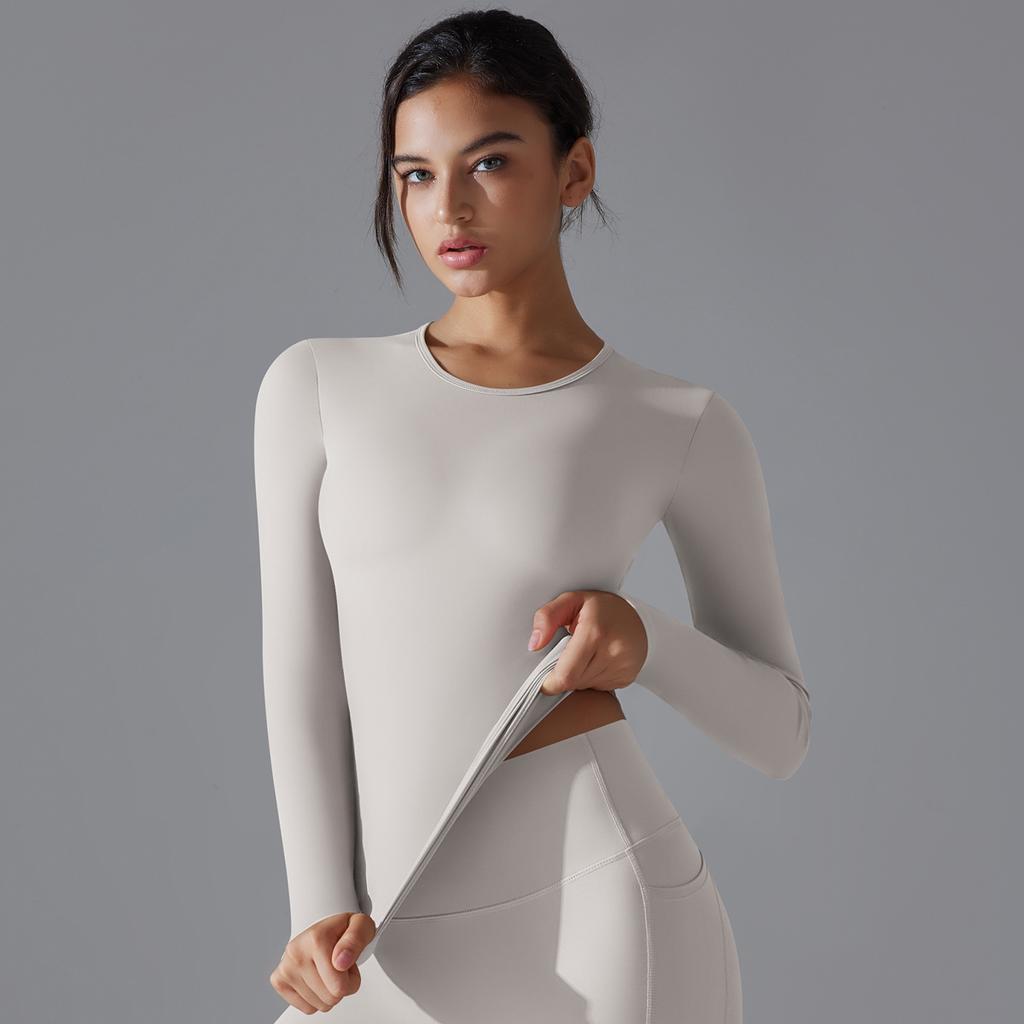 New Double-sided Brushed Solid Color Long Yoga Suit With Long Sleeves, High Elasticity And Breathability For Sports Running