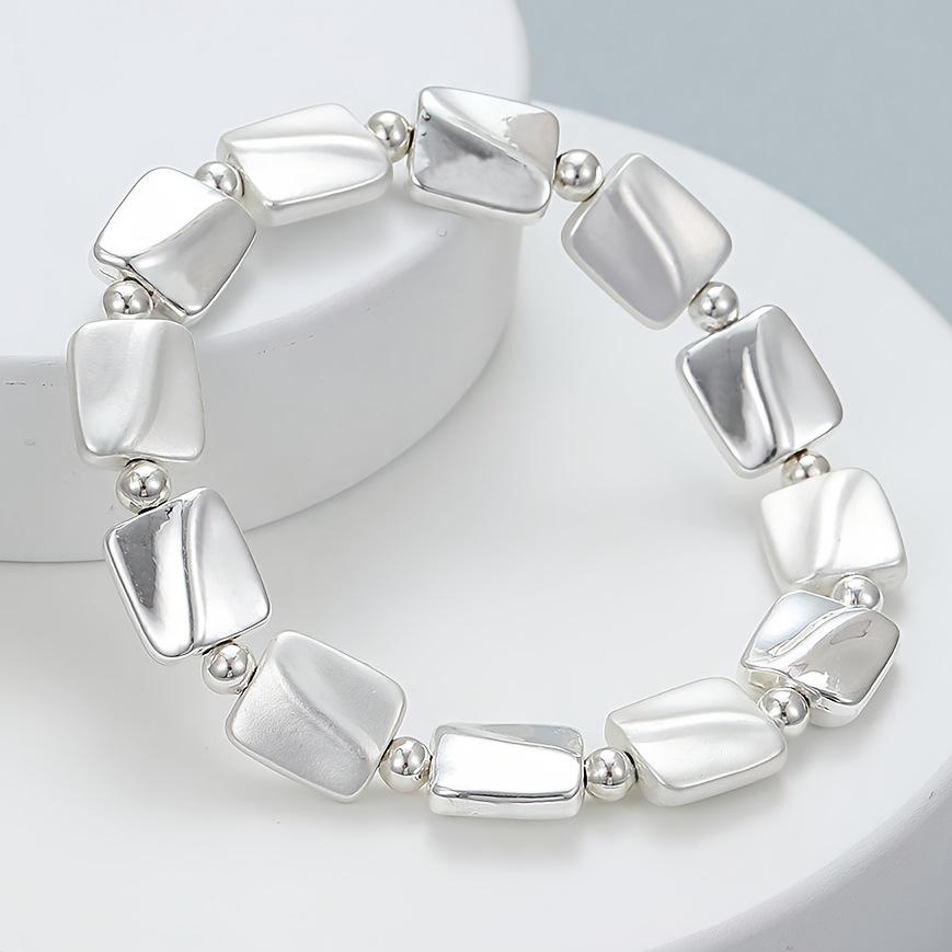 

Необычный маленький серебристый блочный сплавный эластичный браслет, высококлассный ярко-серебристый с посеребренной вставкой, парный браслет Elastic Adjustable