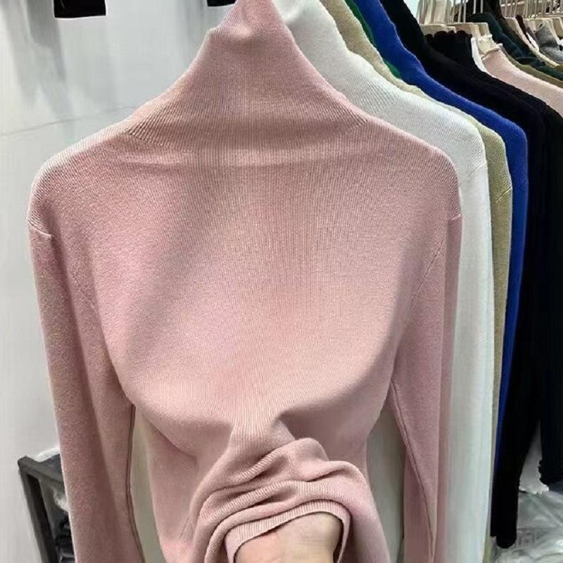 WTEMPO High Collar Stretchy Long Sleeve Slim Knitted Pullovers Women's Solid Color Casual Spring Autumn Soft Warm Sweaters