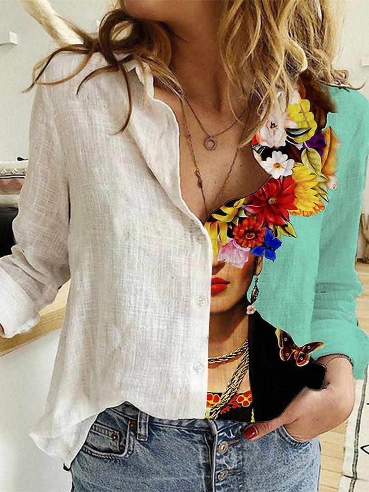 Fashion Stitching Retro Face Print Long Sleeve Blouse Women Lapel Button Casual Top Lady Shirts