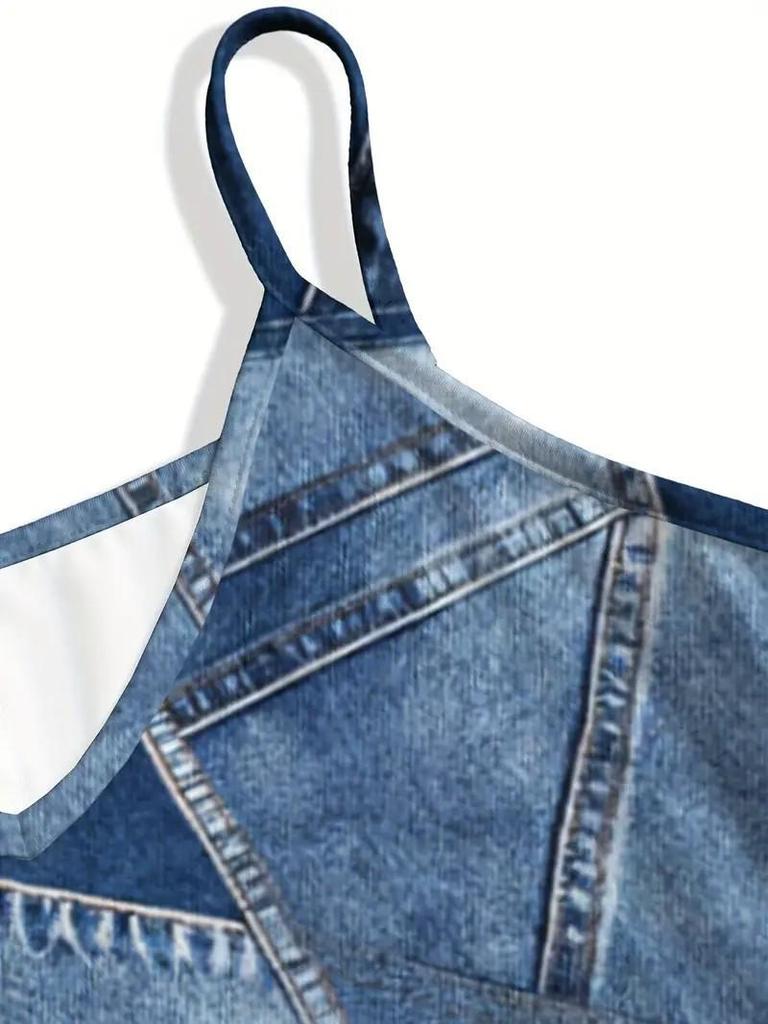 Abito da Donna alla Moda 2026 Estate Autunno con Stampa Denim Sintetico e Spalline Sottili