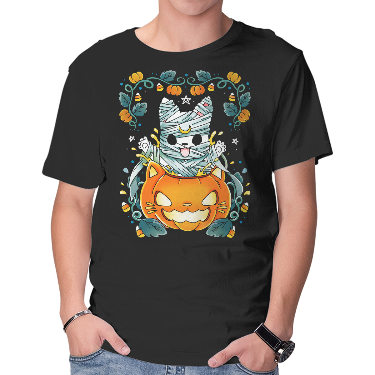 Unisex Crew Neck T-Shirt Mummy Pumpkin Cat Graphic Short Sleeve Casual Tee XXXXL