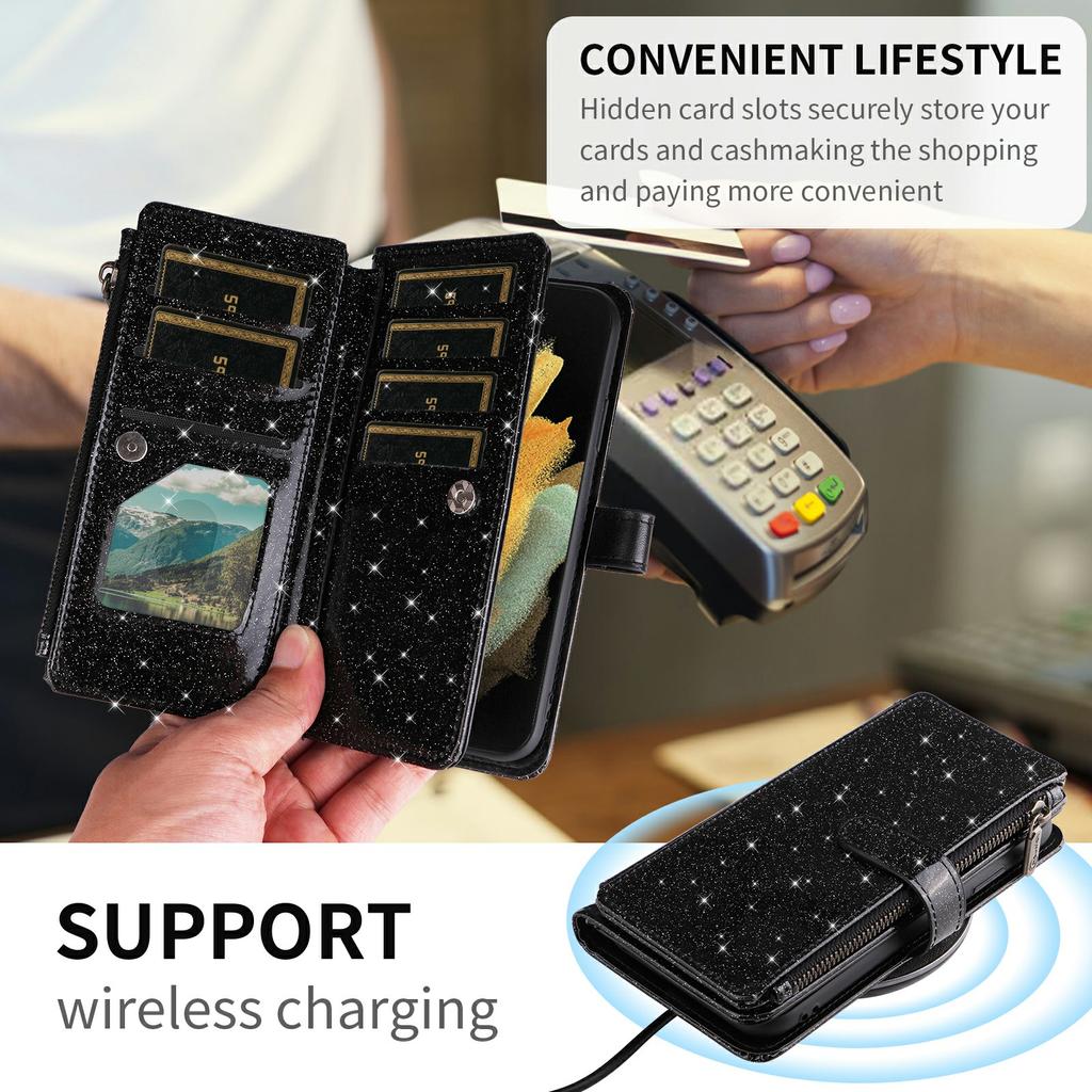 ASUWISH For Samsung Galaxy A54 5G Case 10 Card Holder Glitter Leather Phone Cover with Crossbody Strap