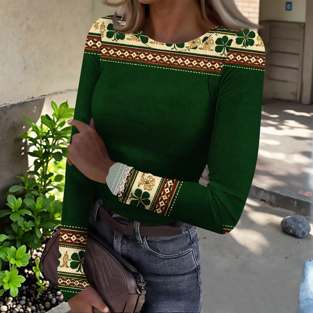 Women's And Winter Slim T-shirt Fashion Casual Printing Round Neck Pullover Long Sleeve Top