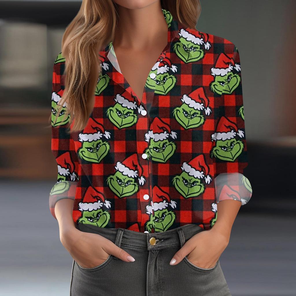 Women's Shirt Blouse Christmas Print Button Long Sleeve Casual Basic Shirt Collar Regular Top