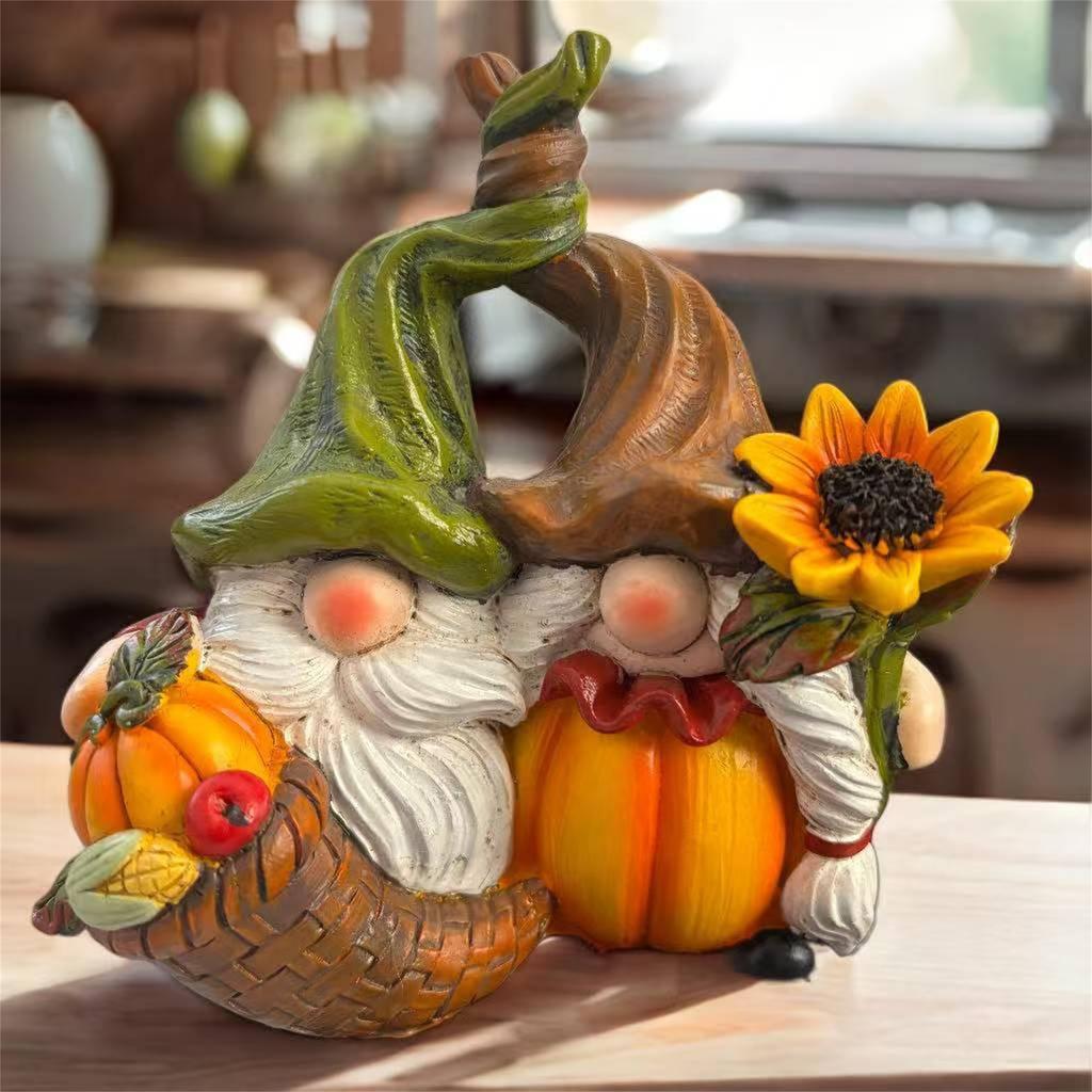 Autumn Harvest Gnome Figurines with Sunflower and Pumpkin Accents Festive Thanksgiving Home Decor Statues for Fall Season