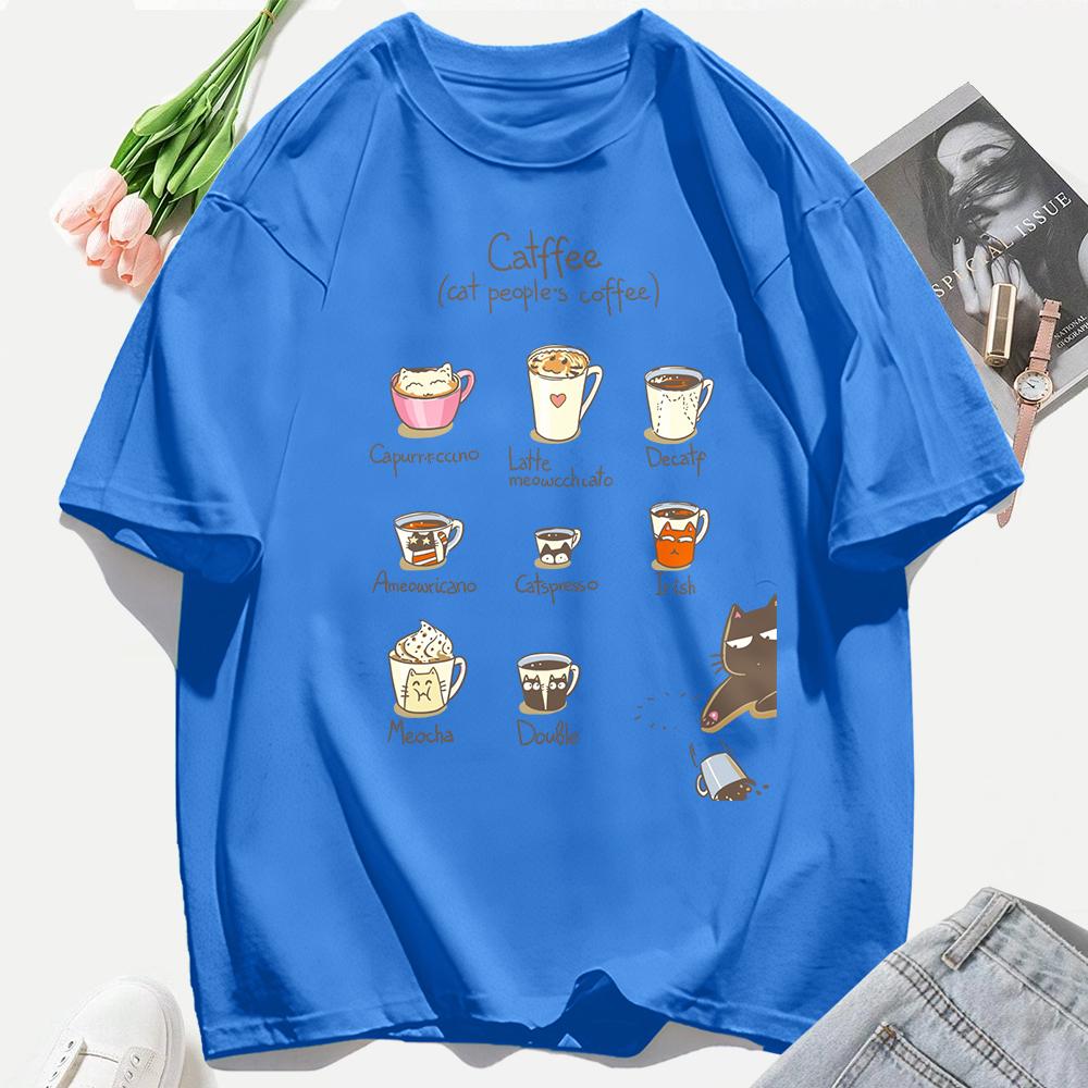 Cat People'S Coffee Illustration Printing T-Shirt Woman Summer Cotton T Shirts Y2K Soft Comfortable Top Unisex Hip Hop Clothes
