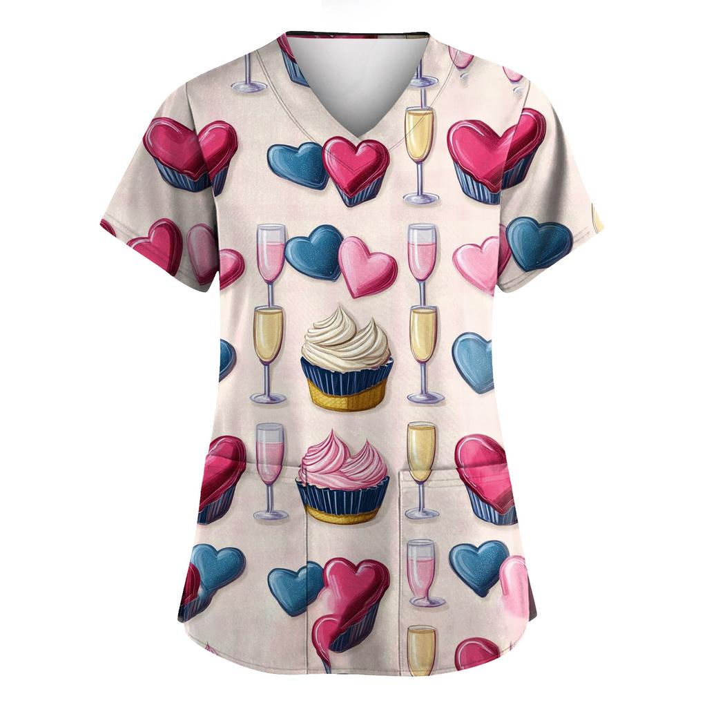 Women's Valentine's Day Printed  Uniform Work Uniform V-Neck Pocket Protective Uniform