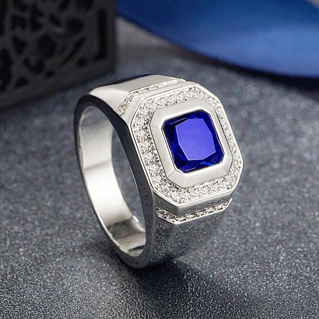 Men's Blue Crystal CZ Stone Ring Luxury Silver Color Engagement Ring Classic Wedding Party Jewelry Valentine's Day Gift