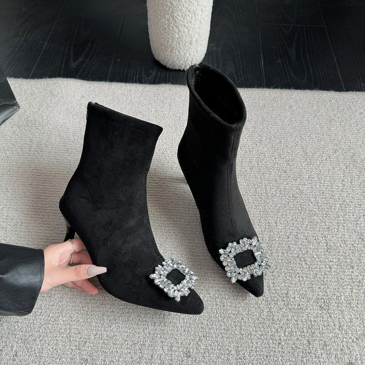 High heel thin heel heightening boots pointed black suede legs long retro elastic socks thin boots