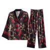 Set Pijama 2 Piese pentru Femei, Imprimeu Trandafiri, Mânecă Lungă, Pantaloni, Haine de Dormit, Pijamale din Satin pentru Femei, Ținute, Costum, Pijama Mujer, Pjs
