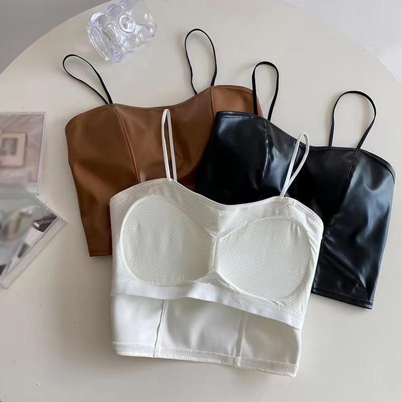 Women's Padded Camisoles PU Leather Sleeveless Tank Top Solid Color Lightweight Pullover Crop Top