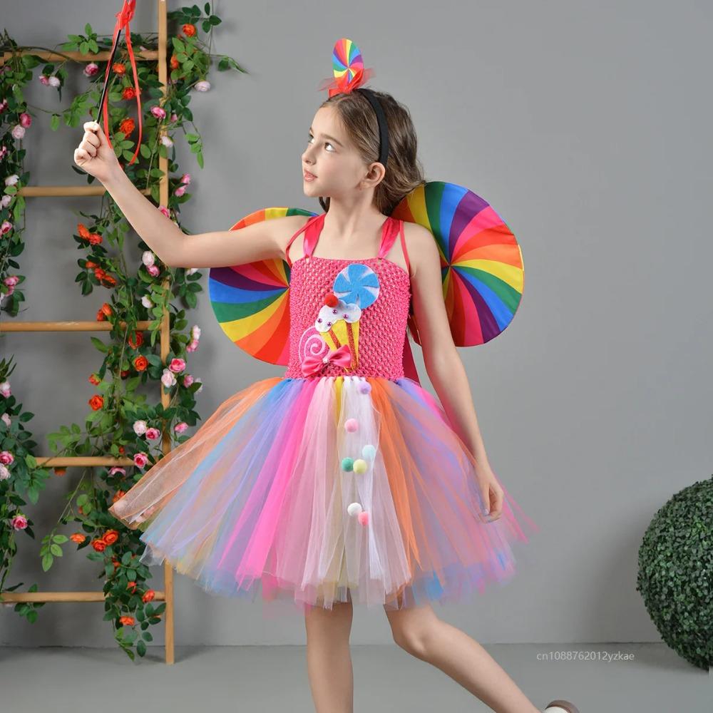 Rainbow Tutu Dress Cute Chicas Sweet Lollipop Cosplay Dress Up Purim Festival Celebration Costume Candy Design Enfant Clothes