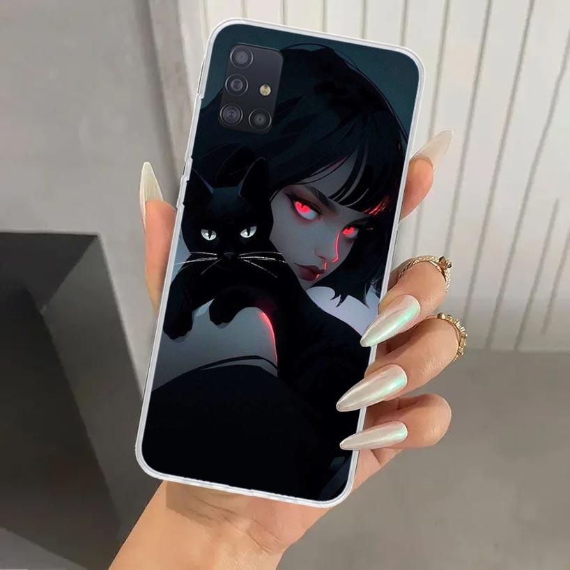 Anime Girls Cute Black Cat Phone Case for Samsung Galaxy A52 A32 A22 A12 A02S A50S A30S A10S Note 20 Ultra 10 Plus S10 A31 A20 A