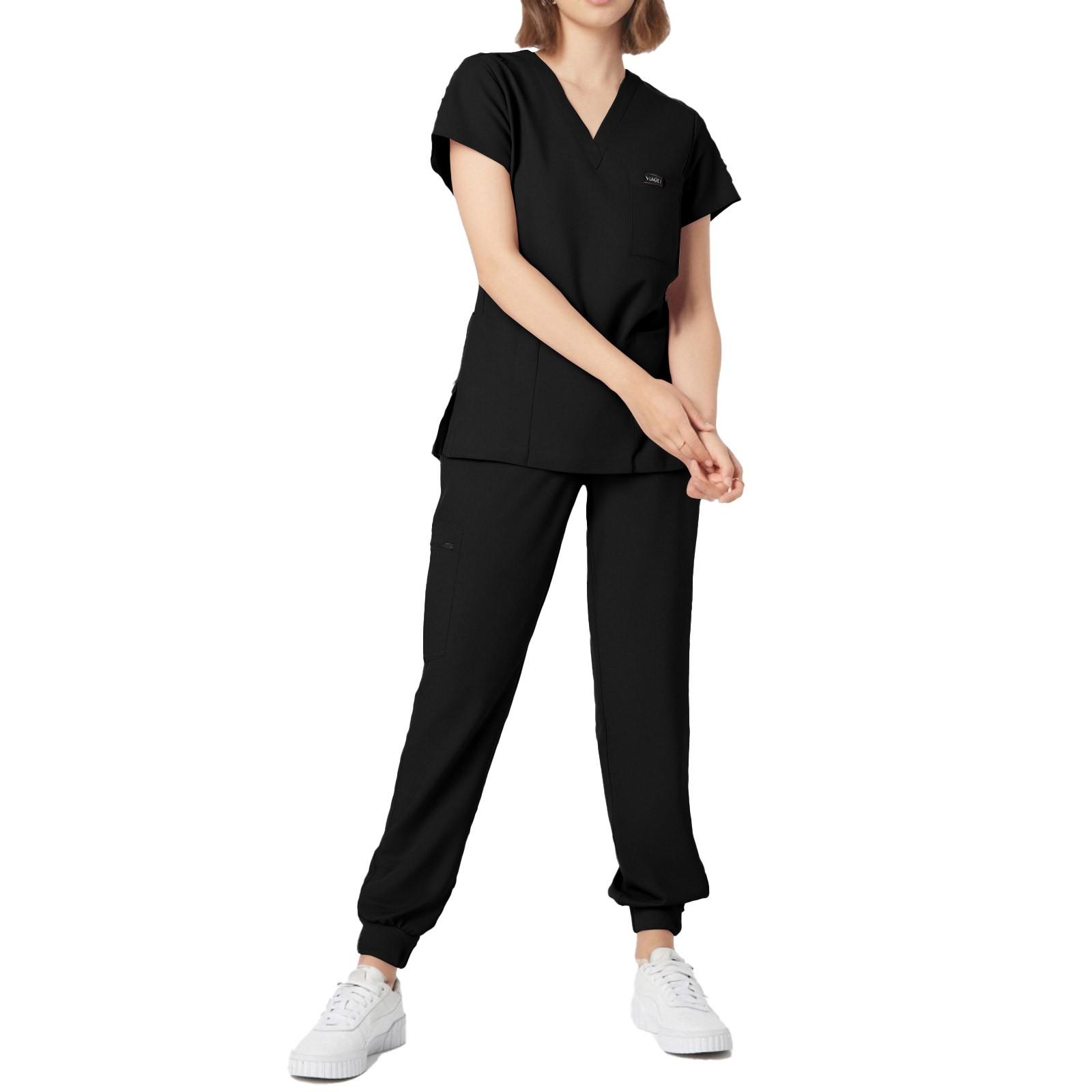 

Женский однотонный топ с короткими рукавами и круглым вырезом, карманы, брюки, рабочая одежда, комплект из двух предметов L