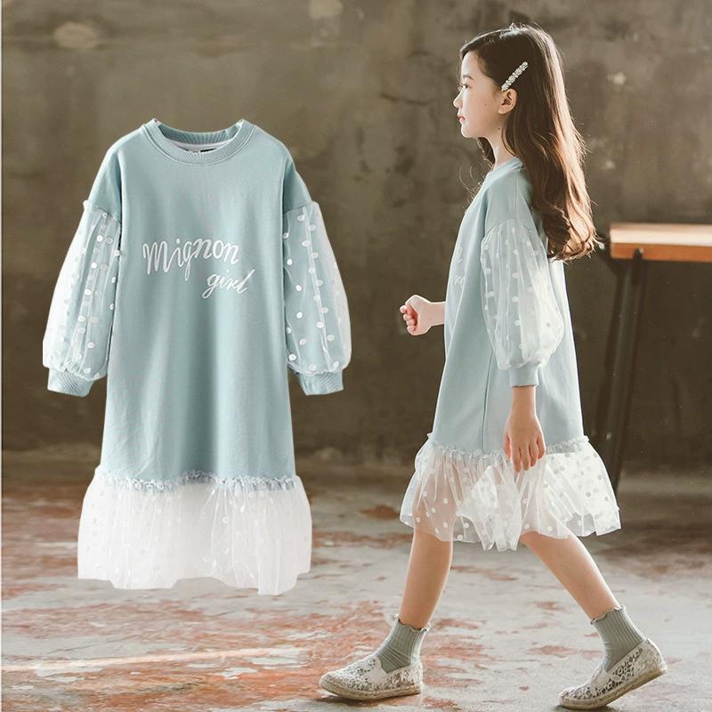 Spring and Autumn Long Sleeve Princess Dress with Sweater & Gauze Skirt for Girls