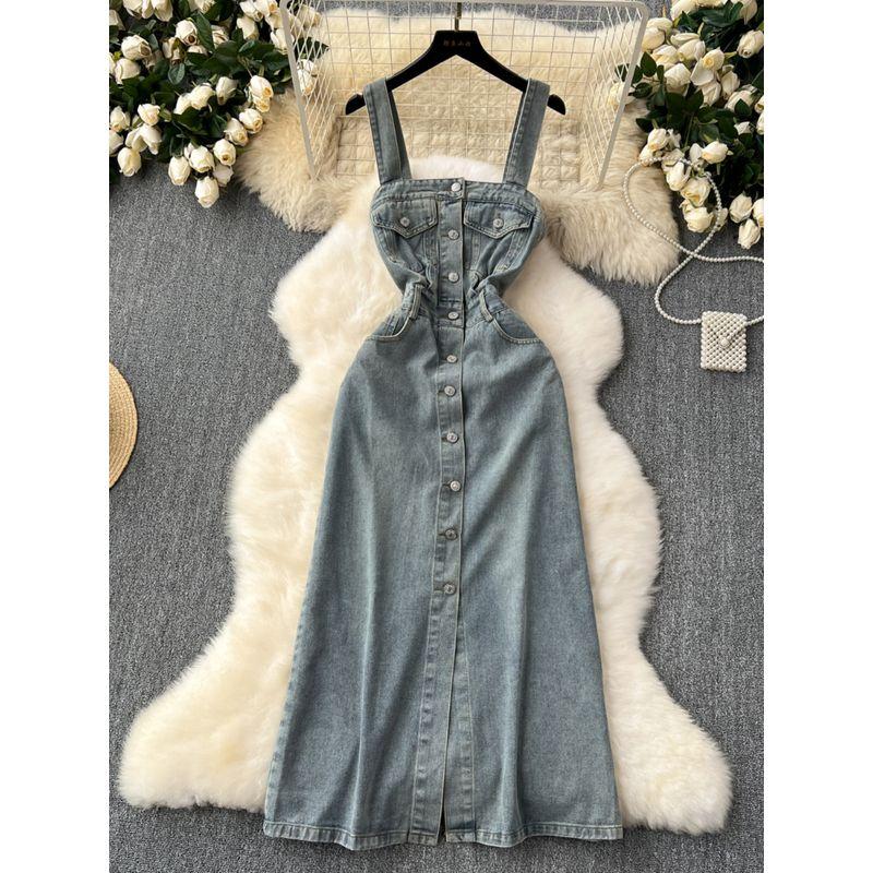 Strap Denim Dress Women's French Style Retro Washed Distressed Single-Breasted Silm Slim Looking Graceful and Fashionable Suspender Dress
