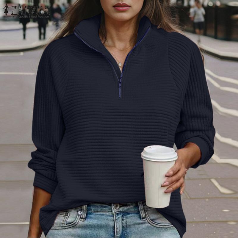 ZANZEA Damen Casual Reißverschluss Stehkragen Langarm Pullover Sweatshirts