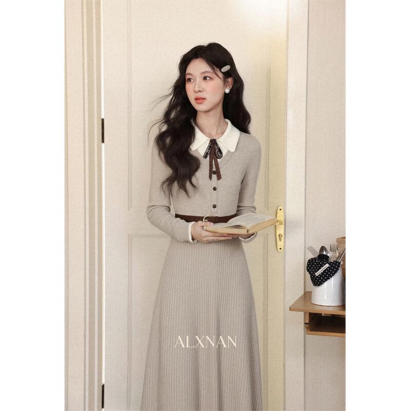 Luxiangnan  Half Sugar Mocha  Faux Two-Piece French Knit Midi Dress L