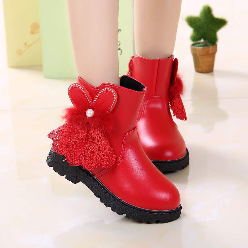 Mädchenschuhe Stiefel Kinder Kurzstiefel Herbst und Winter 2025 neue Baumwollstiefel Prinzessin zwei Baumwollschuhe Samt warm Spitze Kaninchen
