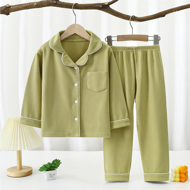 Automne 2026 Combinaisons Sous-vêtements Velours Couleur Unie pour Enfants Bébé Printemps Revers Manches Longues Pantalon Ensemble Pyjama Enfants Poche Vêtements de Maison Combinaison pour Fille Garçon