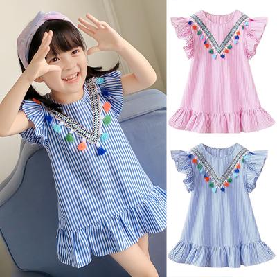 Summer Girls Tassel Flying Sleeve Dresses Stripe Cute Kids Party Dresses for Kids Girls Princess Dress Tops Clothes