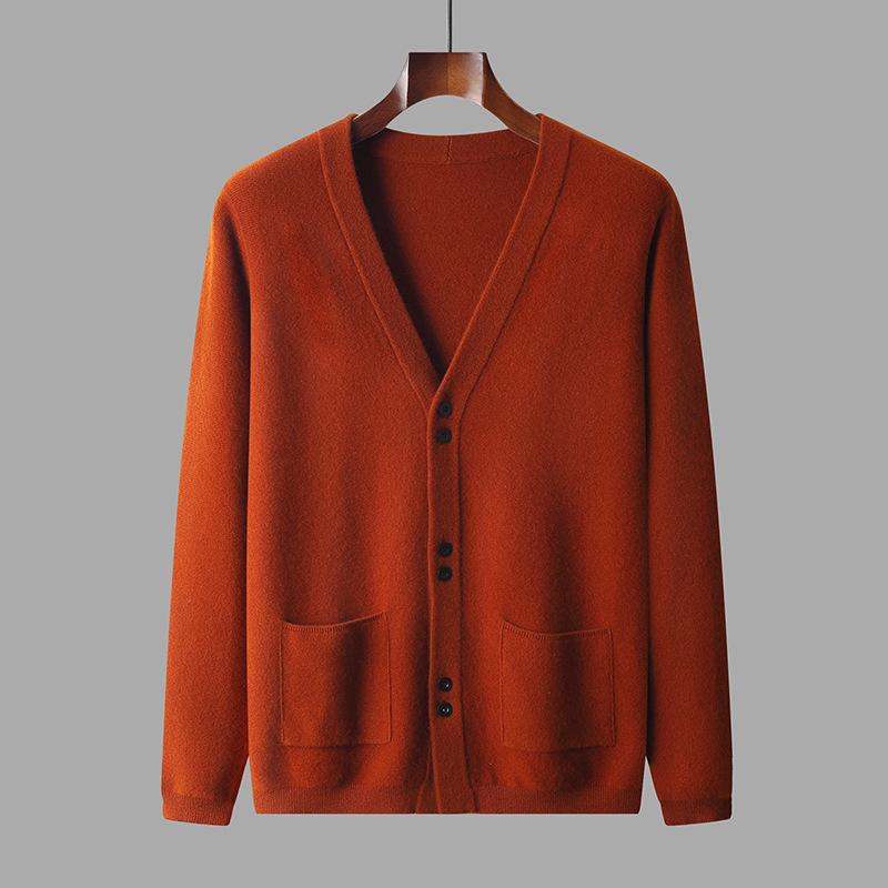Men's V-Neck Pure Wool Cardigan, Plus Size, Middle-Aged & Elderly, Loose Fit, Solid Color, Casual Knit Outerwear for Autumn & Winter.