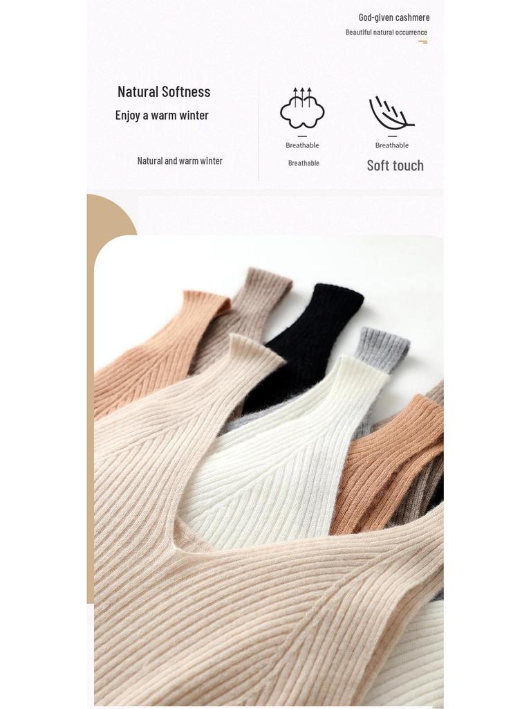Women’s V-Neck Cashmere Camisole Sweater - Fitted, Sleeveless with Elegant Back Design for Autumn & Winter
