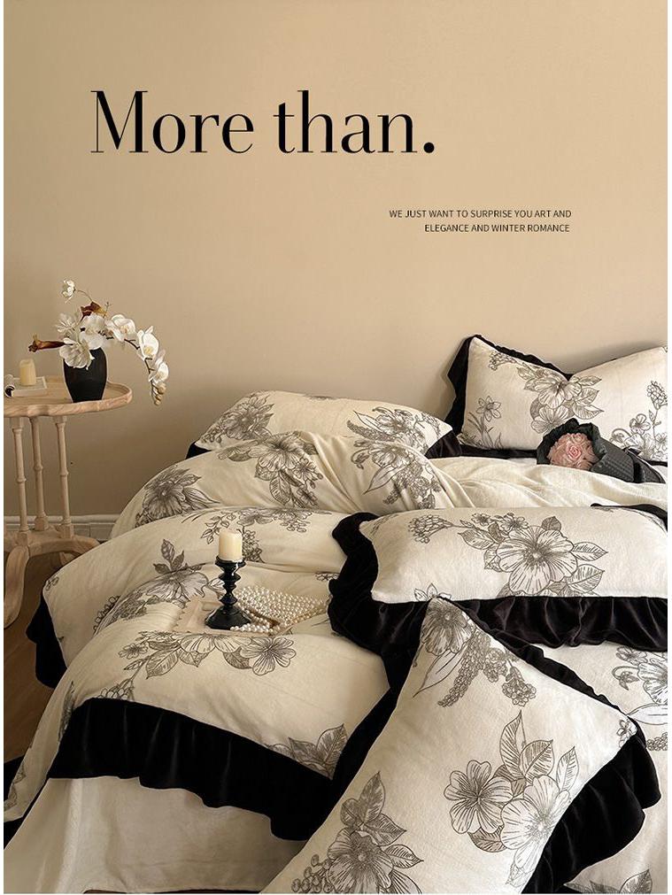 G5Z Melkfluweel & Kant Beddengoed Set: Verdikte Vierdelige Flanel & Koraalvlies, Dubbelzijdig met Dekbedovertrek.