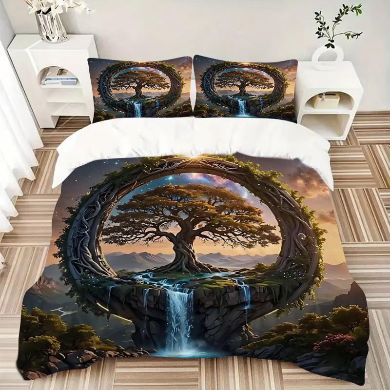 3pcs Fantasy Landscape with a Mystical Tree Quilt Set - Soft and Comfortable Bedroom, Guest Room and Dorm Decor Bedding Set 1 Quilt Cover + 2 Pil