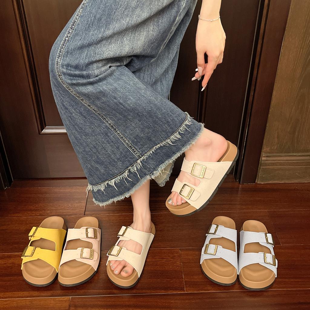 2025 new casual cool slippers summer retro cork bottom thick bottom buckle with casual Boken cool slippers women