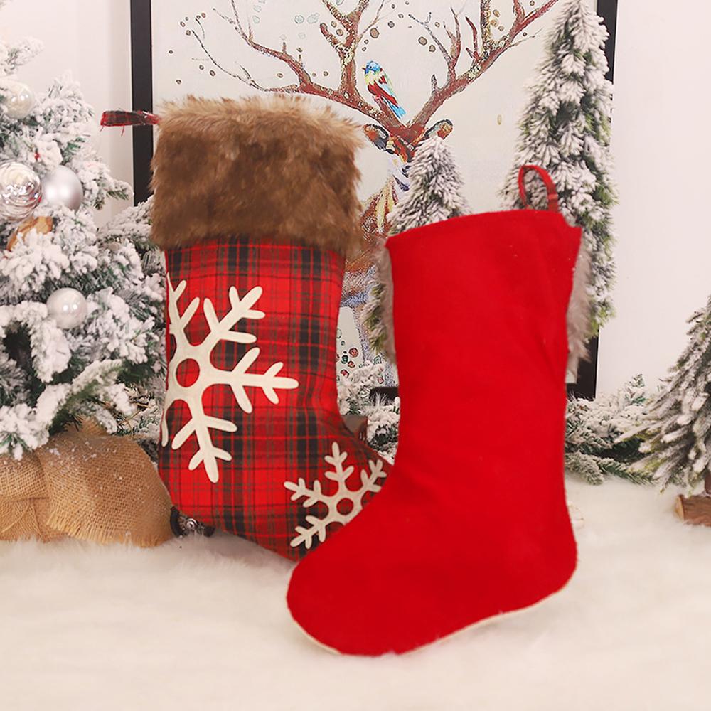 Christmas Stocking 18'' 3D with Plaid Snowflake Plush Faux Fur Cuff Christmas Decorations and Party Decorations Style 1