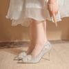Crystal bow high heels women's stunning sequined stiletto wedding dress main bride shoes banquet bridesmaid shoes