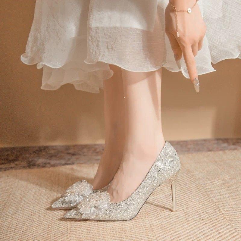 Crystal bow high heels women's stunning sequined stiletto wedding dress main bride shoes banquet bridesmaid shoes